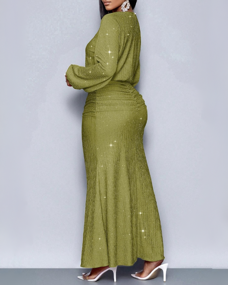 Fashion Sequin Embellished Long Sleeve Mermaid Skirt Ruched Elegant Dress