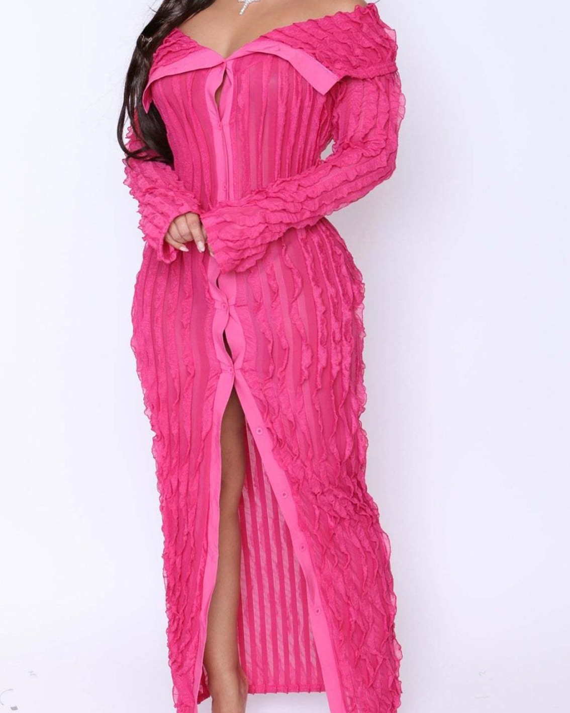 CURVY-FAJA Hourglass Lapel Wavy Long Sleeved Dress