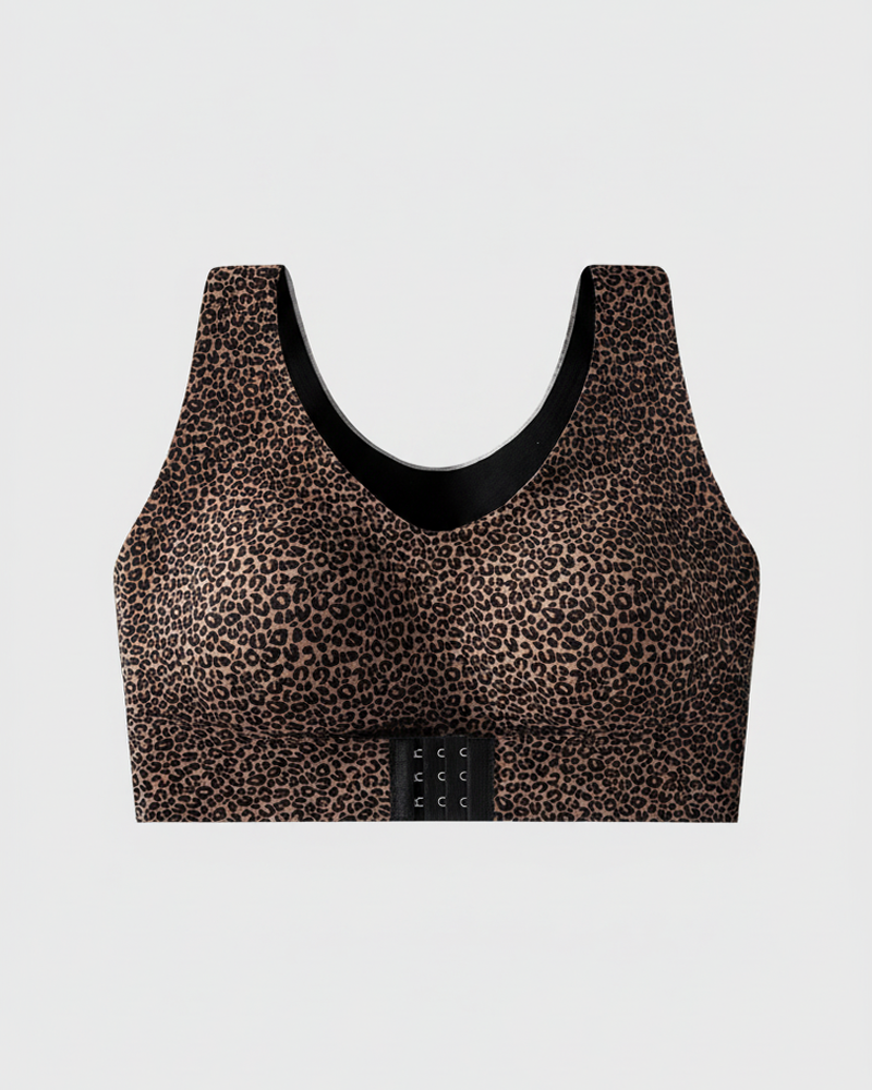 Vest Style Front Closure Wire-Free Leopard Polka Dot Push-Up Shaping Back Support Bra