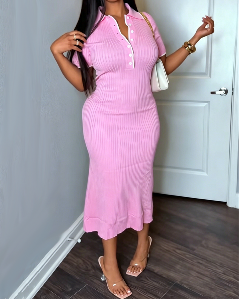 V Neck Ribbed Knit Button Short Sleeve Bodycon Midi Dress（Pre-Sale）