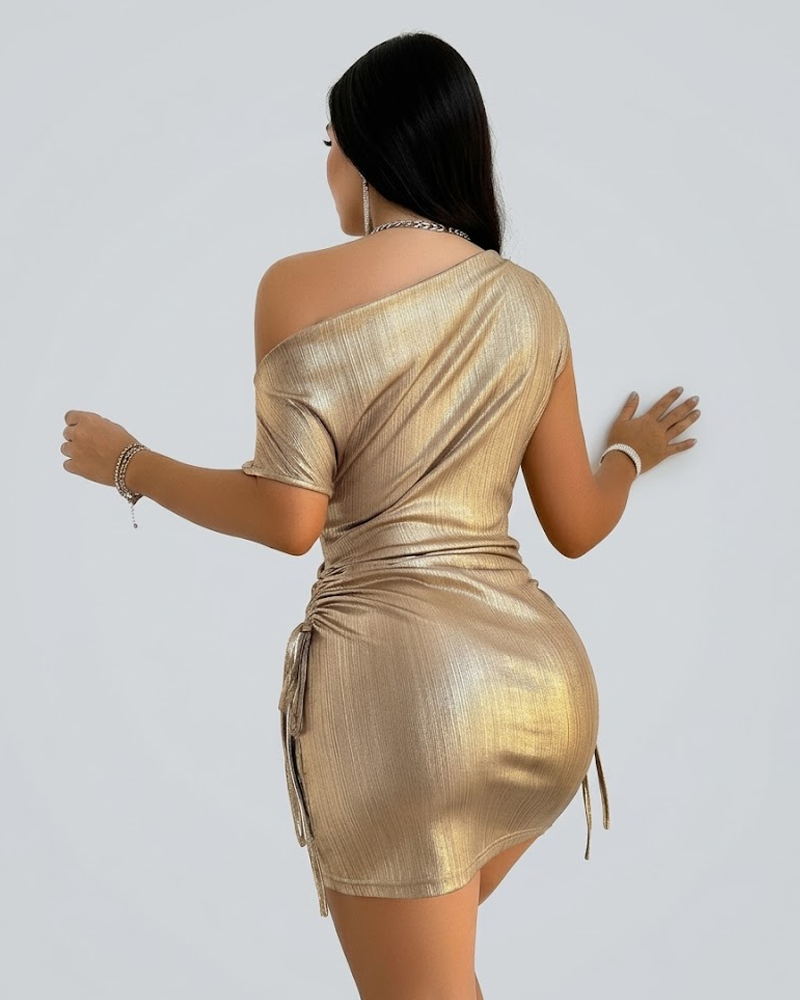 Metallic One Shoulder Asymmetric Elegant Slim Fit Mini Dress