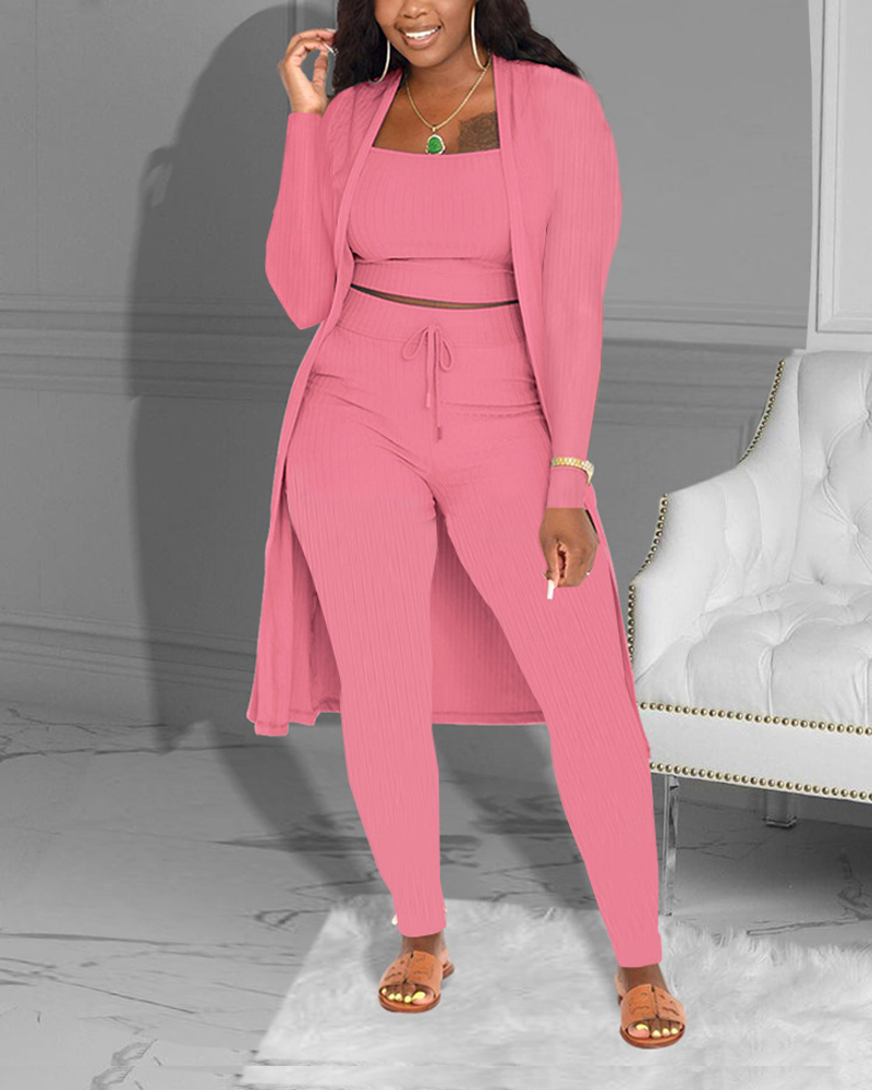 Casual Knitted Long Cardigan Vest And Pants Three Piece Set