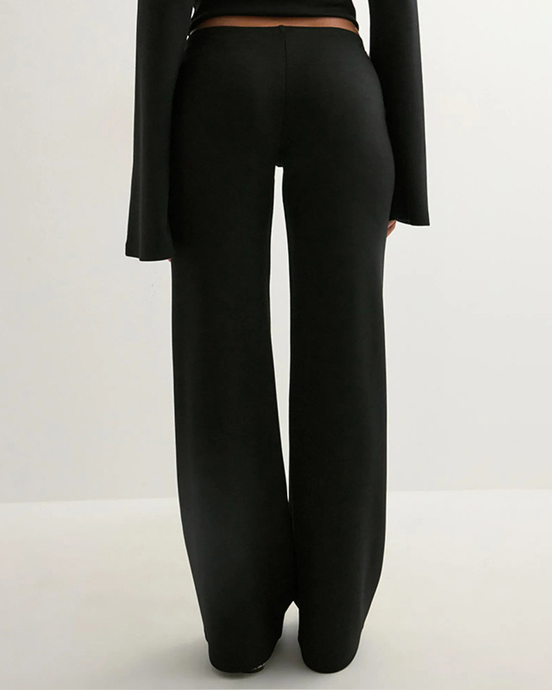 Solid Color Fitted Crew Neck Flare Sleeve Top & Elastic Waist Straight Pants Loungewear 2 Piece Set