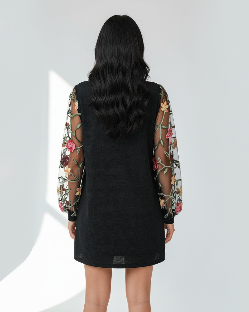 Women Floral Embroidery Mesh Lantern Sleeve Dress