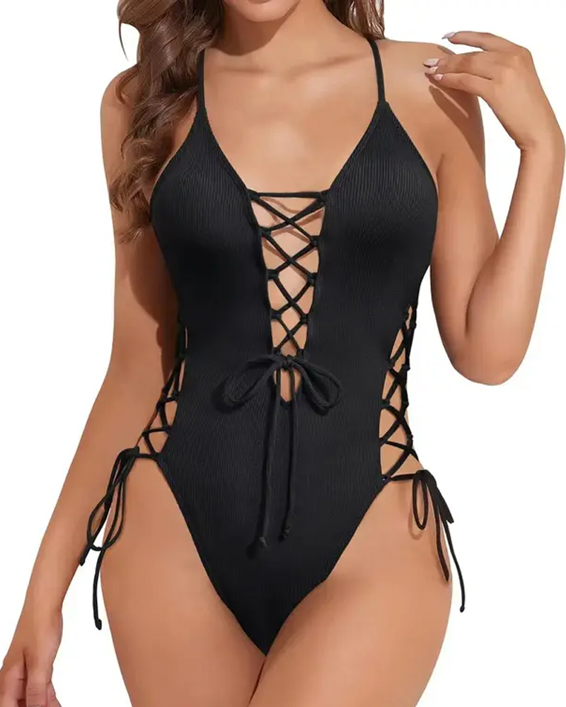 Ribbed Lace-Up Open Back Tummy Control Shaping One-Piece Swimsuit