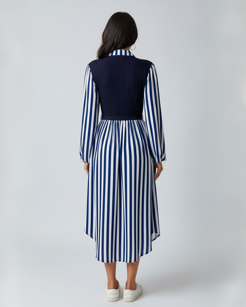 Women's Fitted Long Sleeve Striped Button Front Shirt Dress