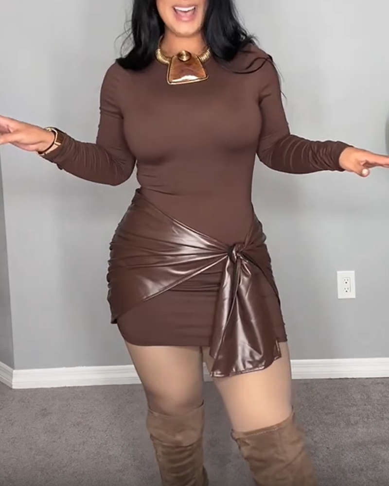 Patchwork Knotted Side Ruched Long-Sleeved Mini Dress