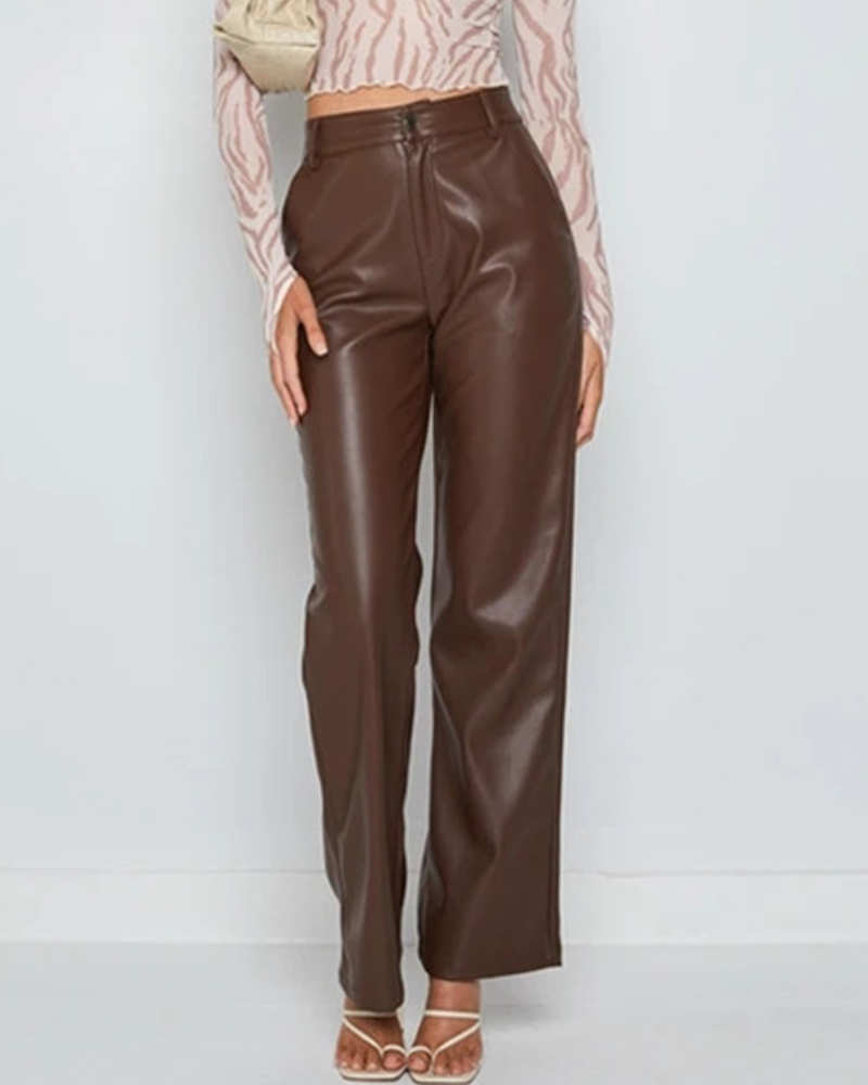 Casual High-Waisted Straight-Leg PU Leather Pants