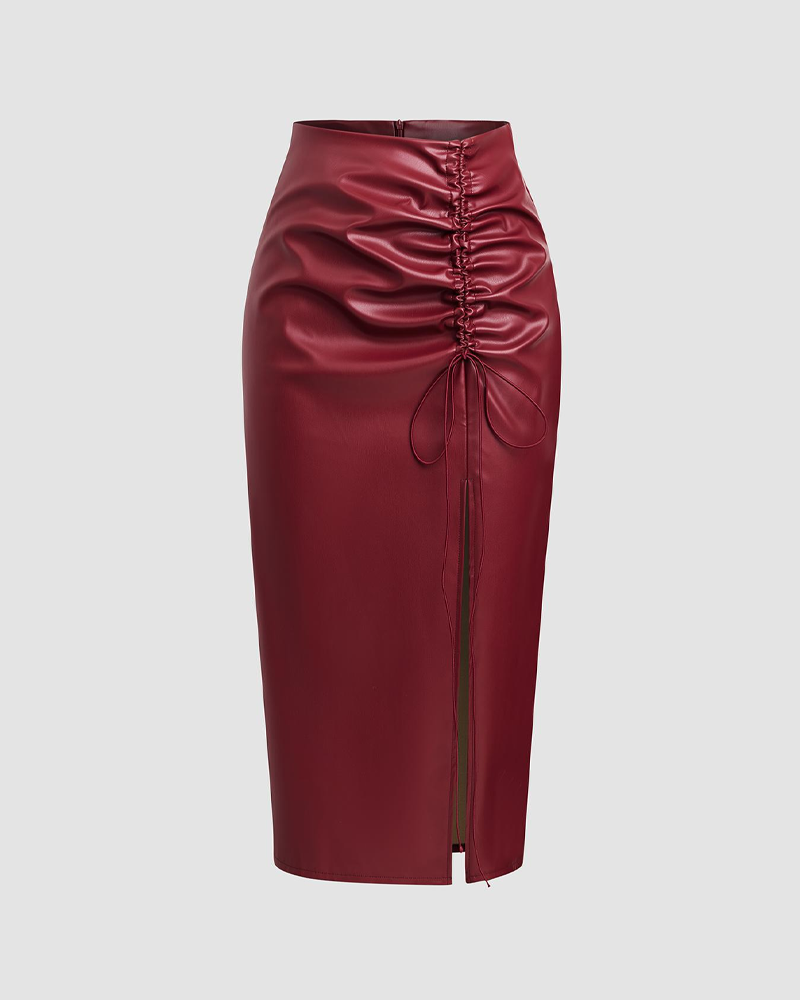 Pleated Drawstring PU High-Waisted Slit Midi Skirt