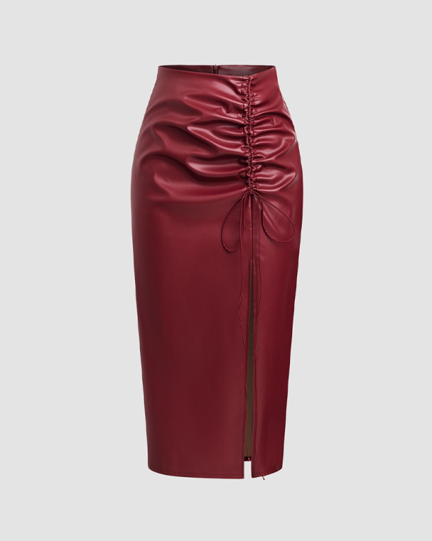 Pleated Drawstring PU High-Waisted Slit Midi Skirt