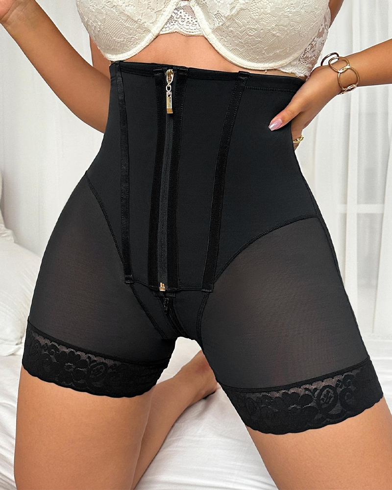 High Waist Zipper Mesh Lace Shapewear Shorts