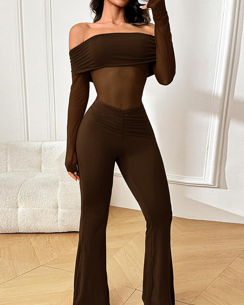 Mesh-Paneled Off-Shoulder Long-Sleeved Jumpsuit