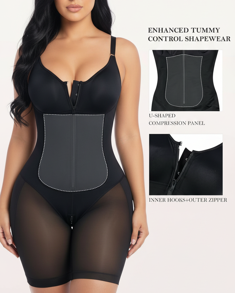 U‑Shape Compression Front Zipper Tummy Control Butt Lifter Mesh Shapewear Bodysuit（Pre‑Sale）