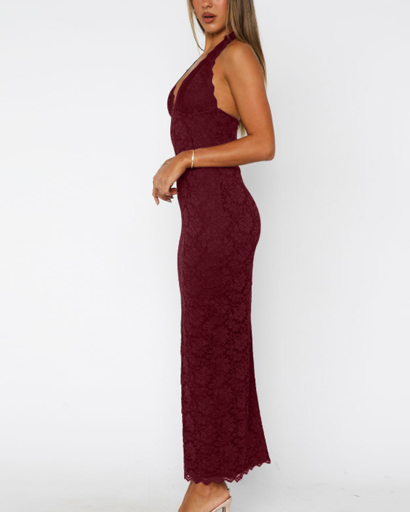 Stylish Halter Neck Lace Slit Slim-Fit Dress