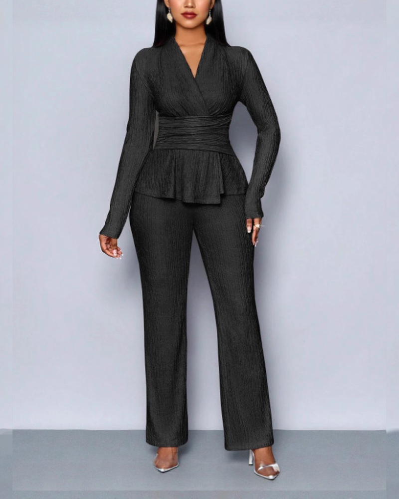 Stylish And Elegant V Neck Fitted Waist Long Sleeved Trouser Suit