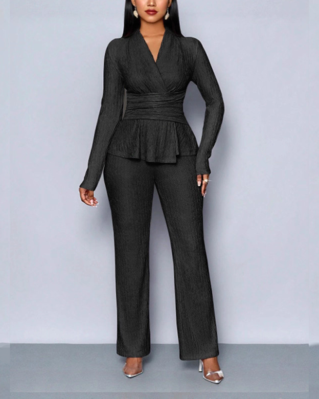 Stylish And Elegant V Neck Fitted Waist Long Sleeved Trouser Suit