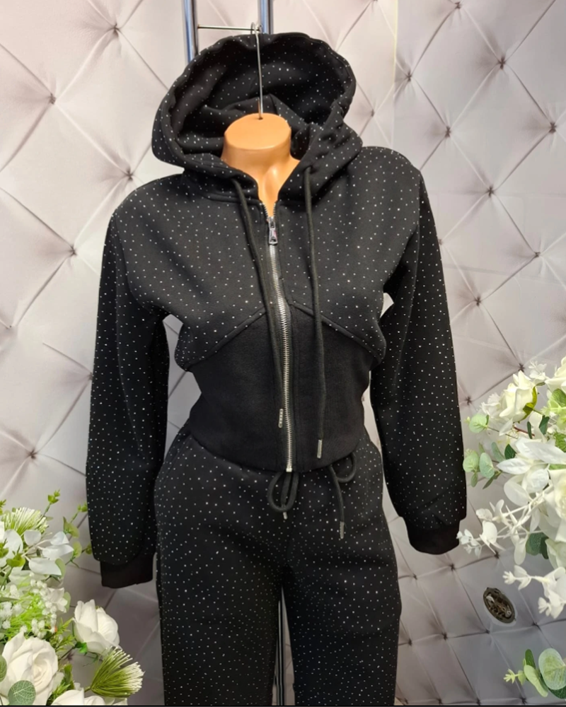 Casual Sporty Rhinestone Hooded Sweatshirt And Pants Two-Piece Set (Pre-Sale)