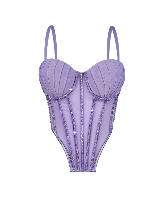 Mesh Camisole With Padded Bra Rhinestone Boning Shaping Bra