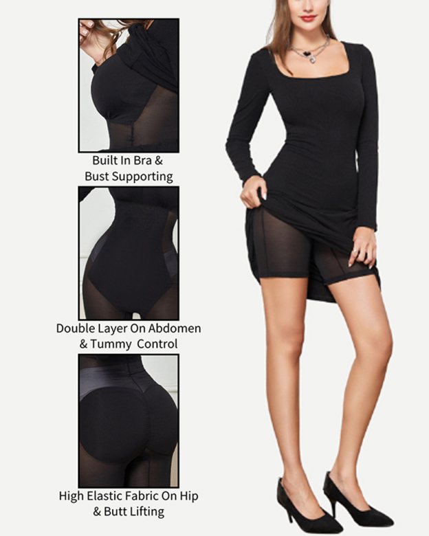 Long-Sleeved Dress In Two-In-One Waist-Cinching Hip-Lifting And Tummy-Slimming Shapewear