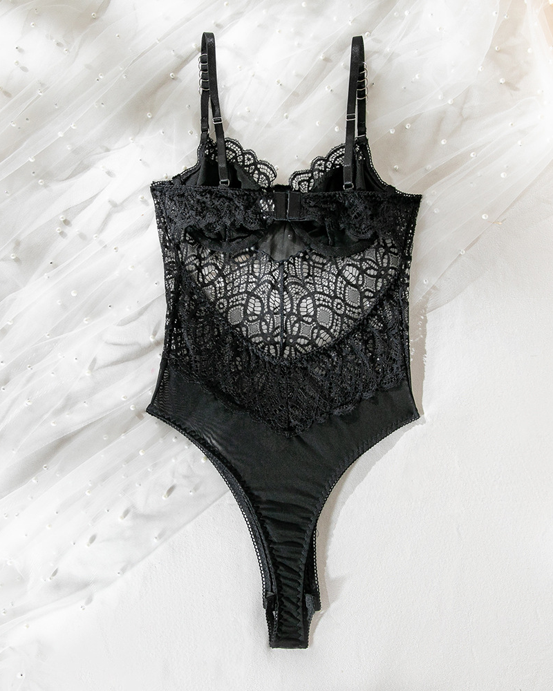 Valentine's Day Sexy Lace Trim Hollow-Out Bodycon Bodysuit