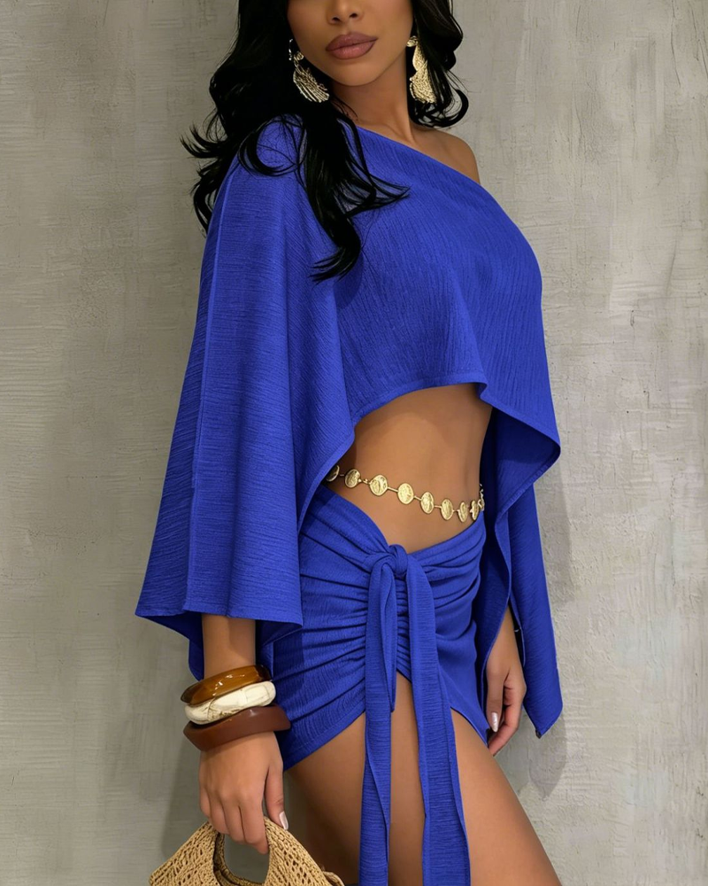 Vacation Style Asymmetrical Neck Crop Top Tight Mini Skirt Set