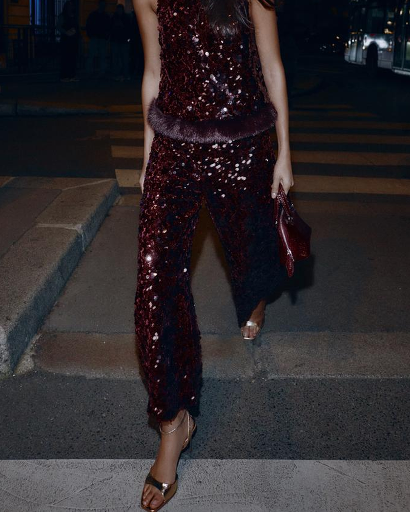 Fashionable Red Sequined Bucket Pants