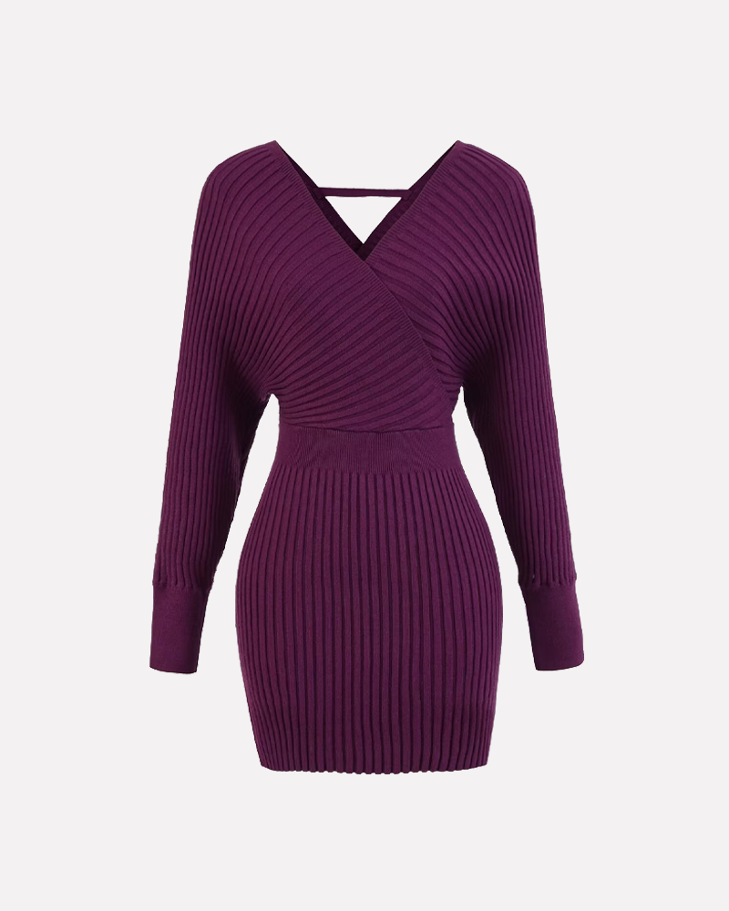 Elegant V Neck Knit Long Sleeve Bodycon Midi Dress