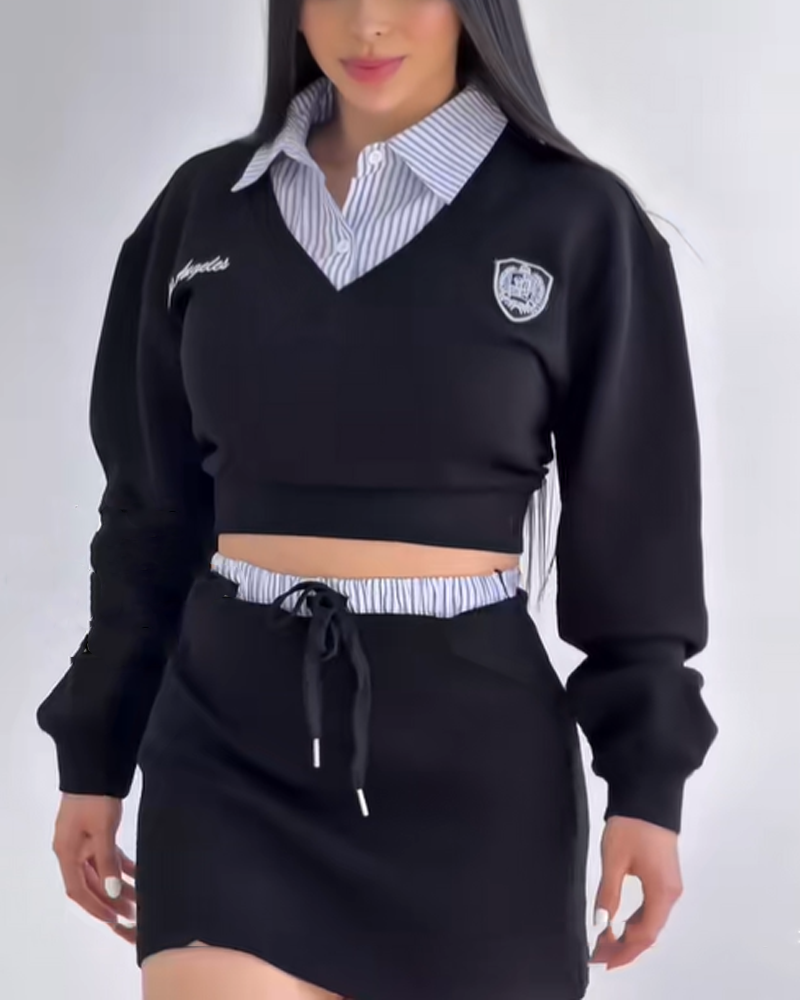 Striped Patchwork Preppy Style Midi Skirt Set