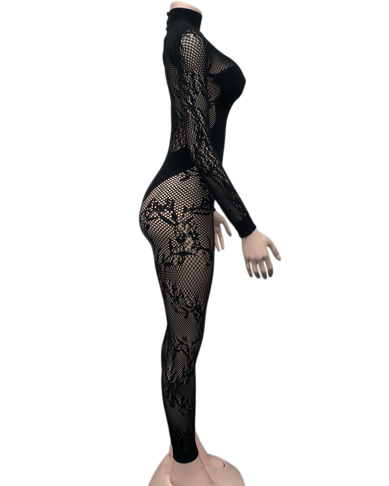 Long-Sleeved Lace Cutout Black Bodysuit