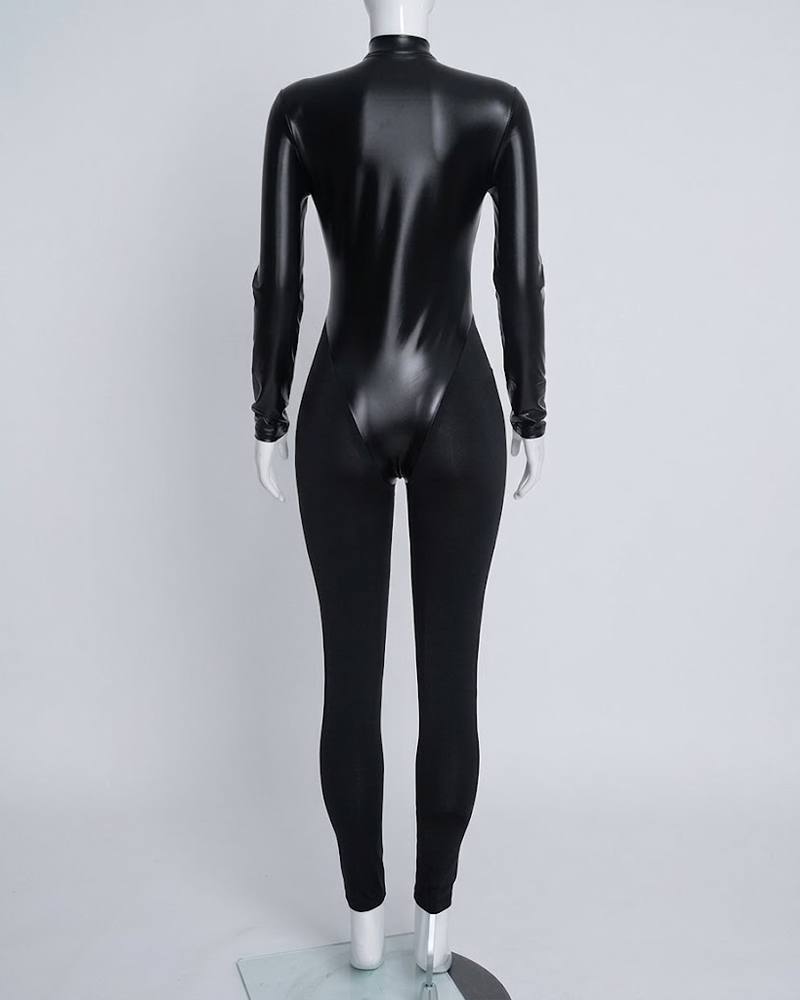 Halloween Solid Color Faux Leather Panel Long Sleeve Slim Long Jumpsuit With Zipper