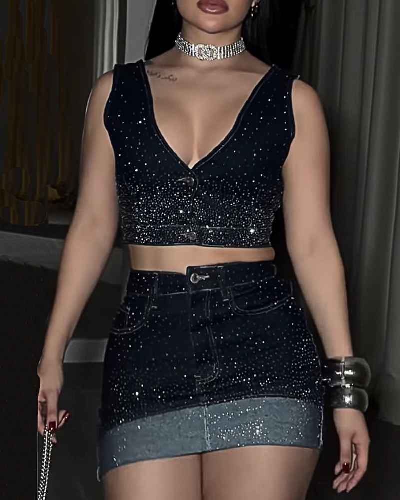 Sparkling Rhinestone Denim Skirt Set (Pre-Sale)