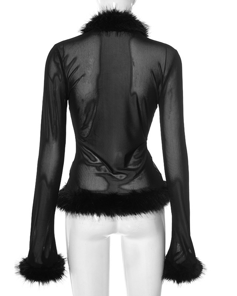 Mesh Sheer Collar Long Sleeved Cropped Cardigan Top