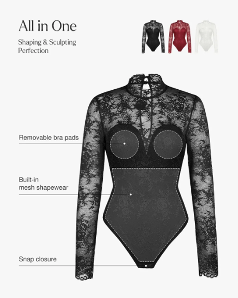 High Neck Long Sleeve Floral Lace Shaping Bodysuit Floral Lace Tummy Control Shapewear（Pre‑Sale）