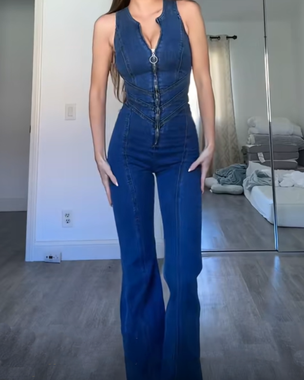 Zippered Slim Fit Sleeveless Fashion Street Jumpsuit Denim