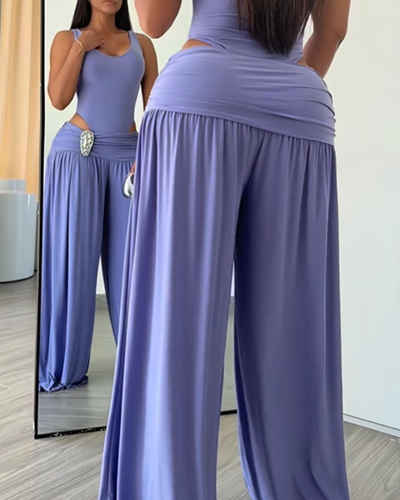 Tank Bodysuit Rhinestone Waist Draped Wide Leg Pants Two Piece Set