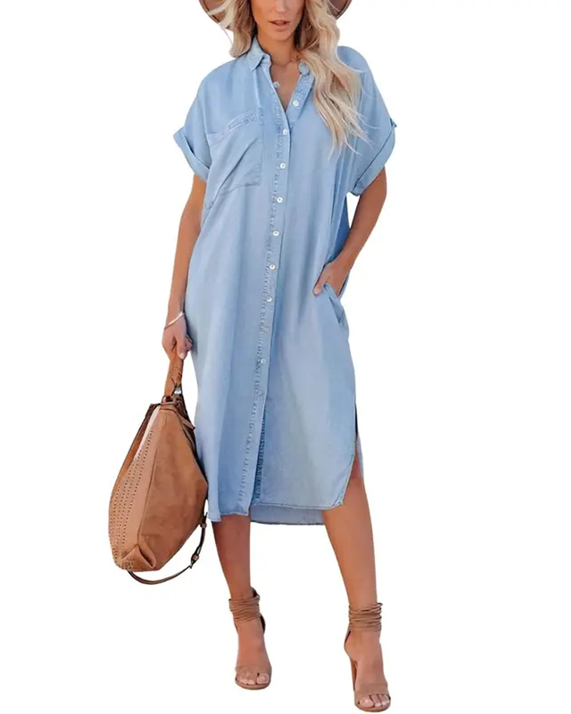 Denim Short Sleeve Button Down Long Dress With Side Split