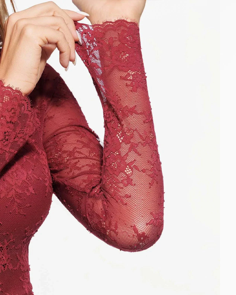 Deep V Neck See Through Lace High Neck Bodysuit With Built In Bra (Pre-Sale)