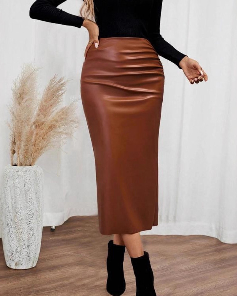 Solid Color PU Leather Skirt Fashionable And Casual Midi Skirt
