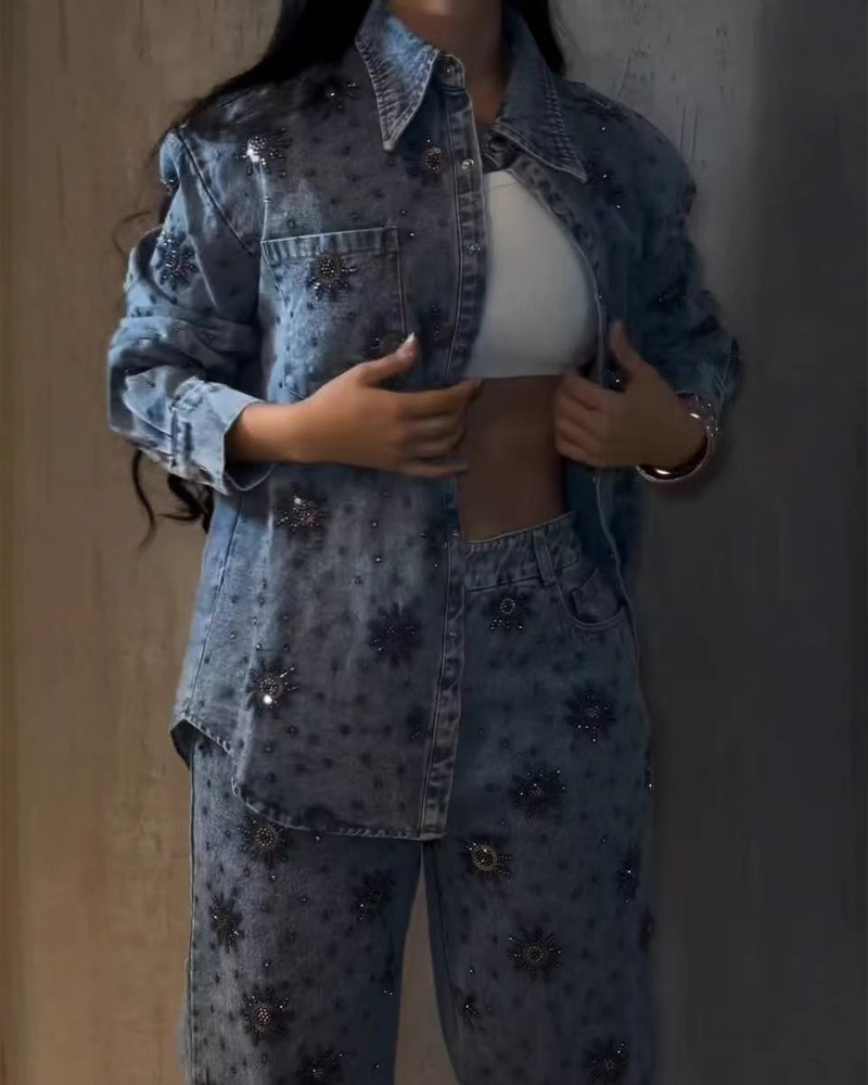 Heavyweight Beaded Floral Sequined Casual Denim Top (Pre-Sale)