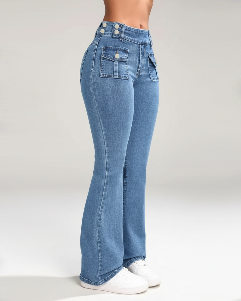 High Waist Casual Stretch Slim Fit Flare Jeans With Pockets Fashion Denim Pants