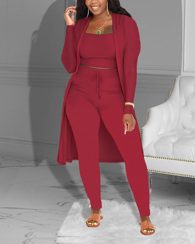 Casual Knitted Long Cardigan Vest And Pants Three Piece Set