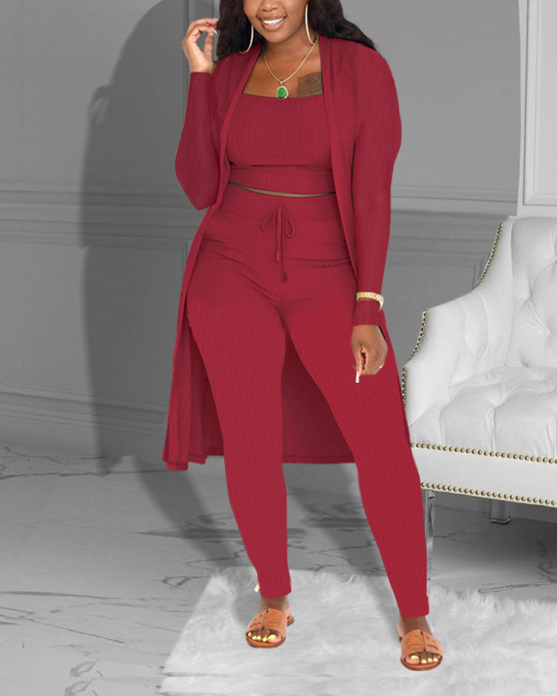 Casual Knitted Long Cardigan Vest And Pants Three Piece Set