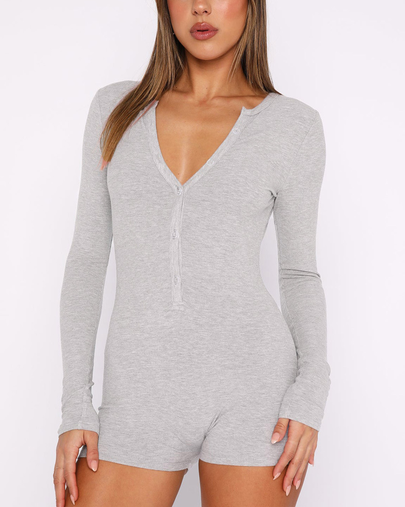 Long-Sleeved V-Neck Tight-Fitting Shorts Solid Color Casual Jumpsuit