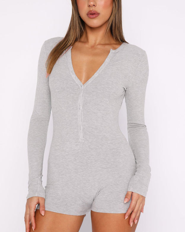 Long-Sleeved V-Neck Tight-Fitting Jumpsuit Shorts Solid Color Casual Jumpsuit