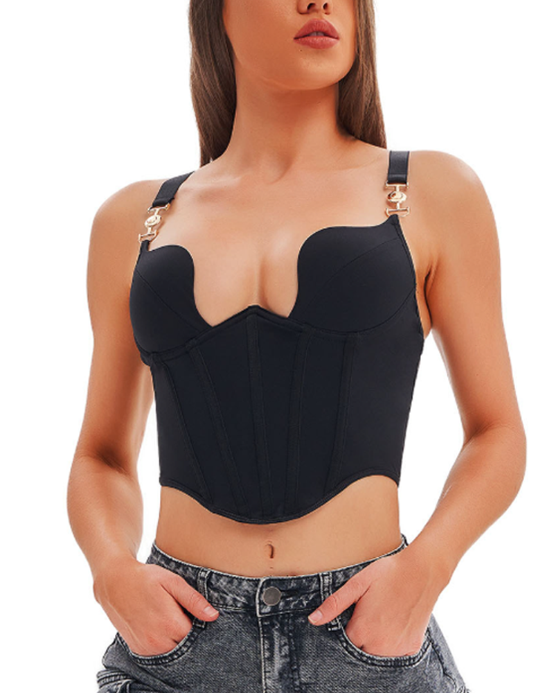 Shell Shaped Bra With Buckle Shoulder Straps And Boning Waist Cinching Slim Fit Vest