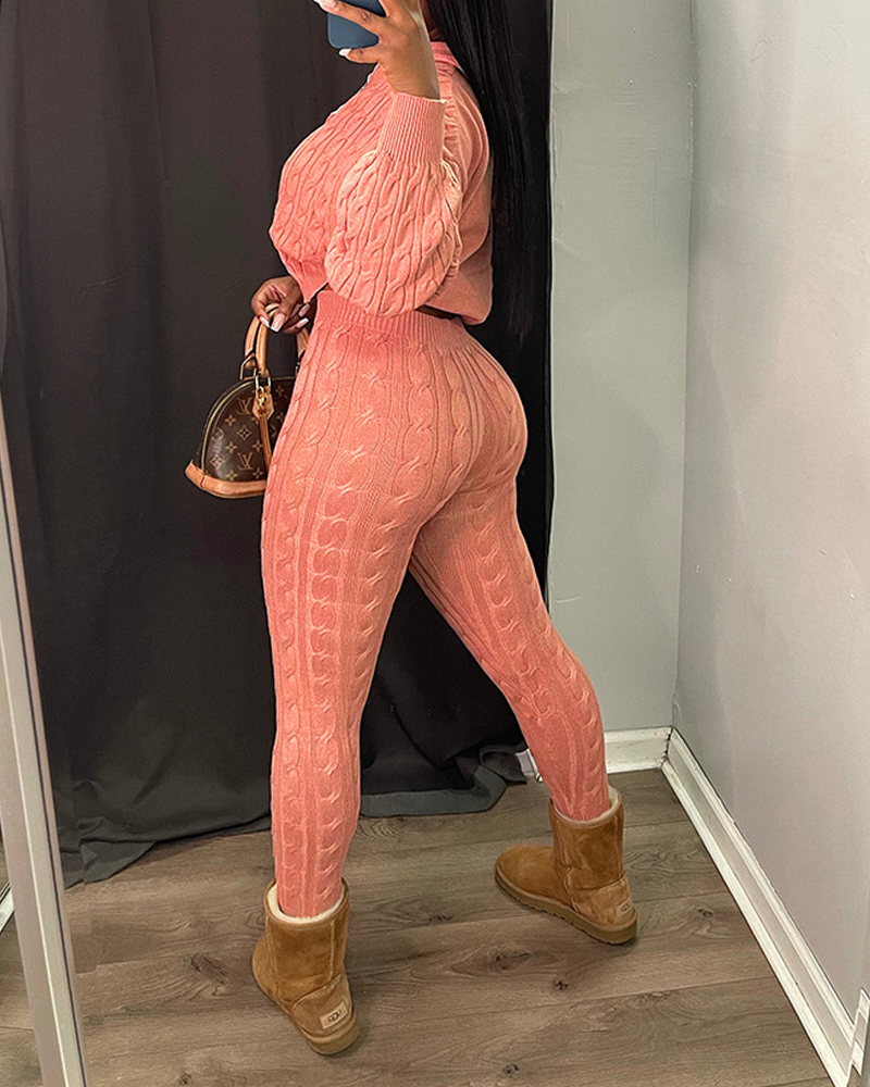 Casual Textured Long-Sleeved Knit Set