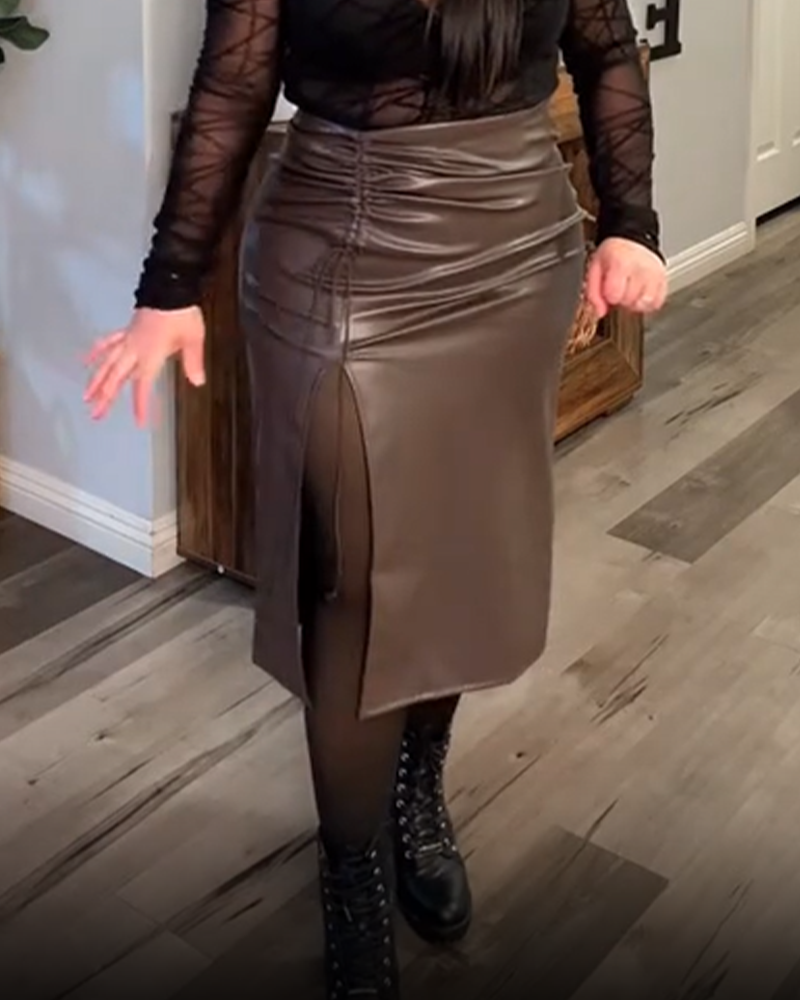 Pleated Drawstring PU High-Waisted Slit Midi Skirt