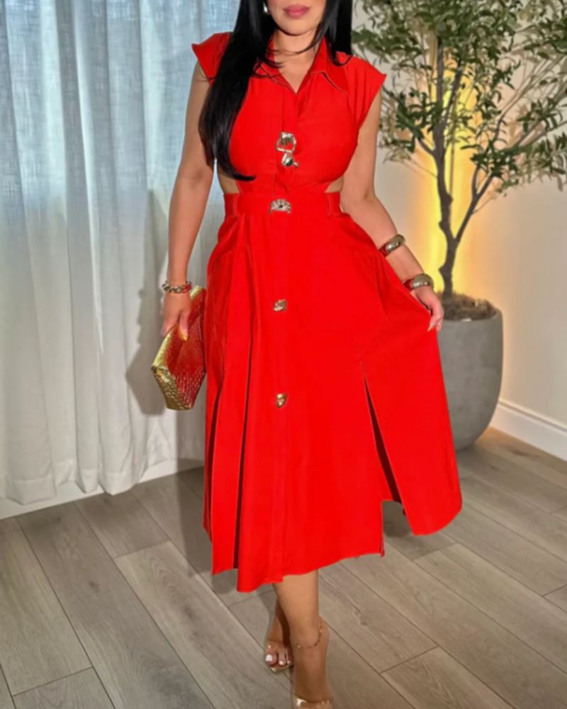 Business Suit Sleeveless Shirt Collar Dress Waist Hollow Design Long Skirt-Curvy-Faja