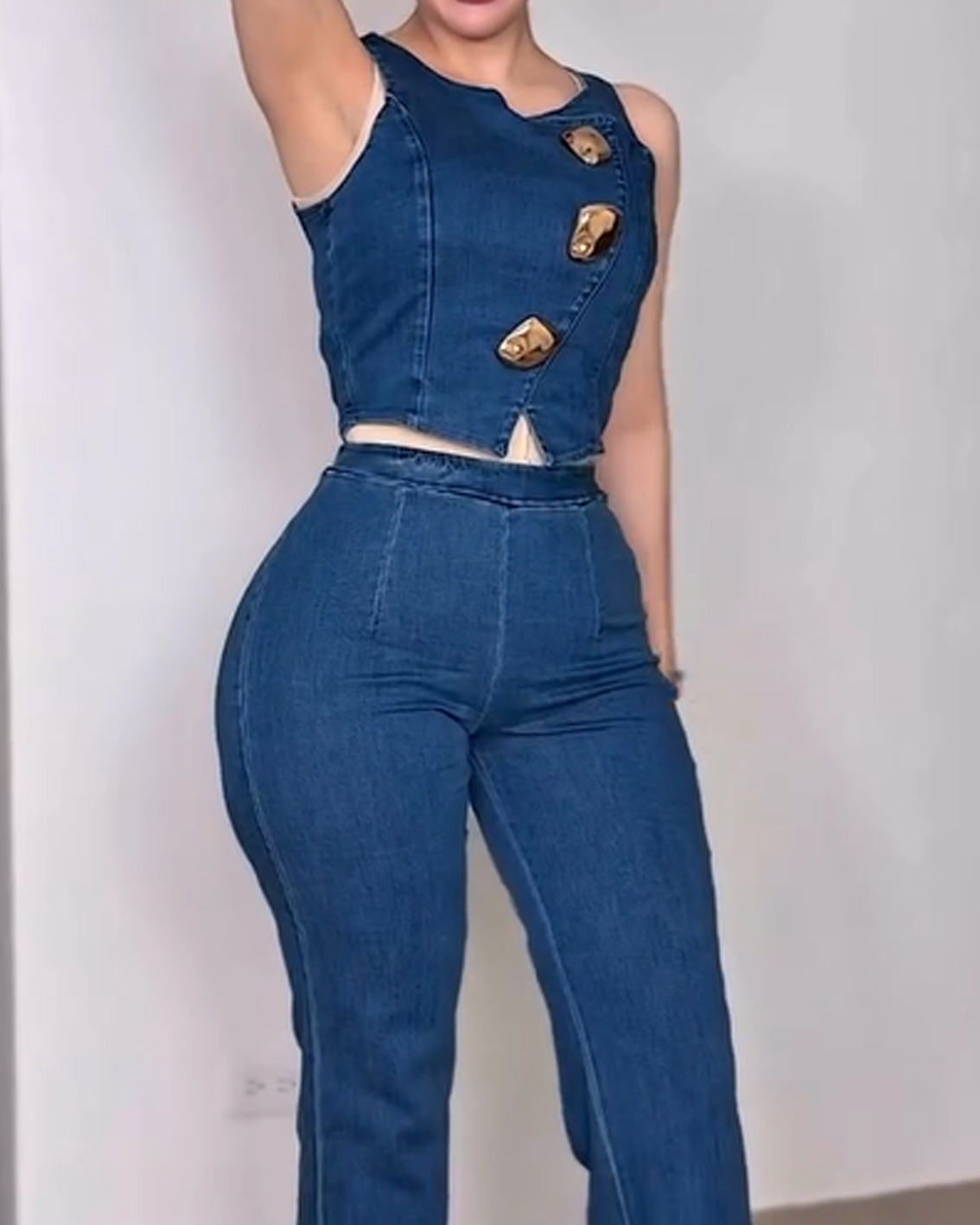 Metal Button Round Neck Sleeveless Denim Vest Wide-Leg Pants Set-Curvy-Faja