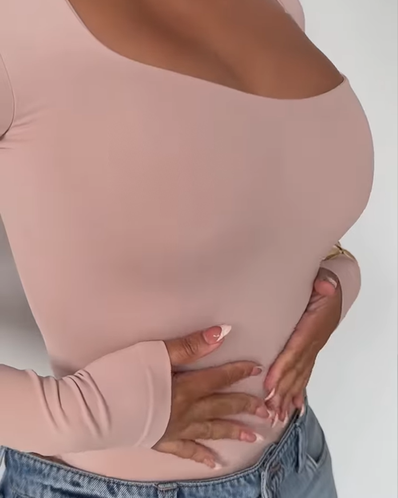 Square Neck Slim Tummy Control Long Sleeve Bodysuit（Pre-Sale）